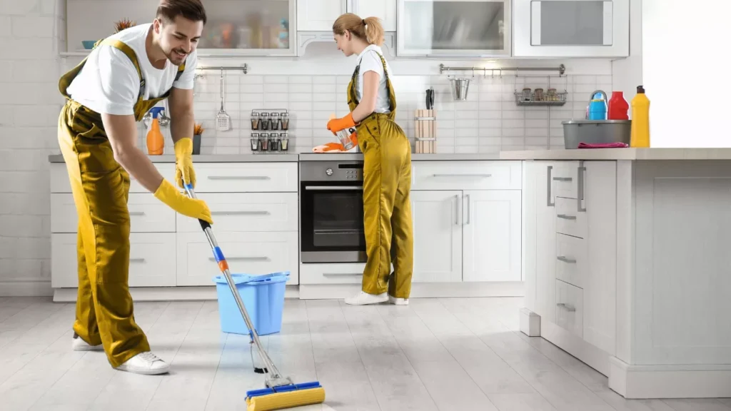 Deep cleaning services team cleaning home interior